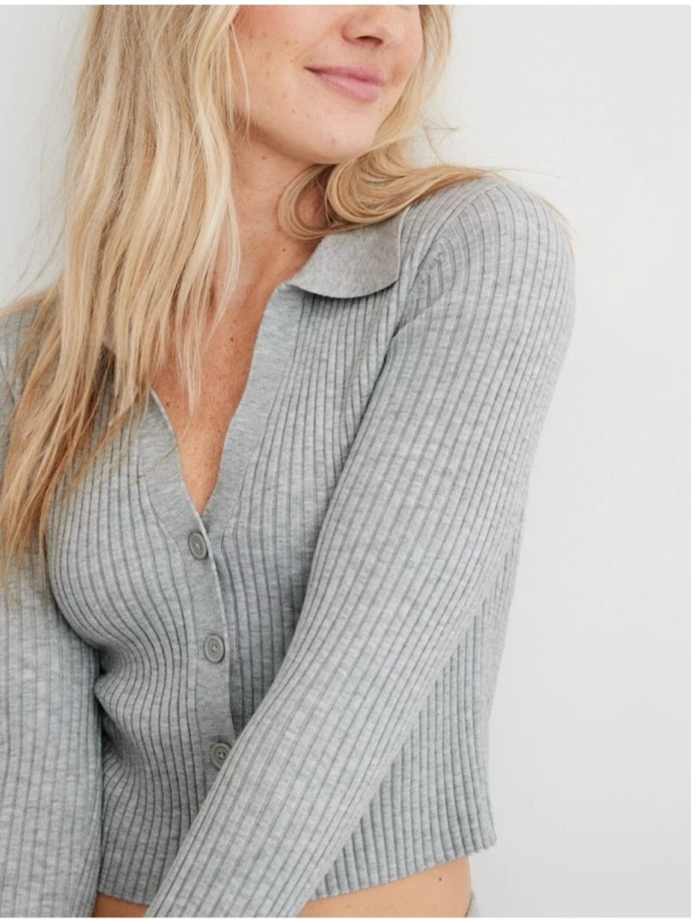 Aerie Cardigan Sweater Cozy
XXL Grey Ribbed Polo Collar Button Front Long